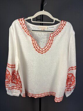 Solitaire Ivory Orange Embroidered Linen Blend Boho Blouse M A415